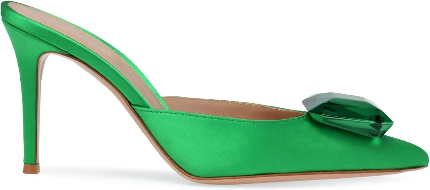 Woman Heeled Mules Rhinestone Pointy Closed Toe Sandals Kitten High Heels Sandals Summer Slip on Mule Heels Bridal Dress Shoes
