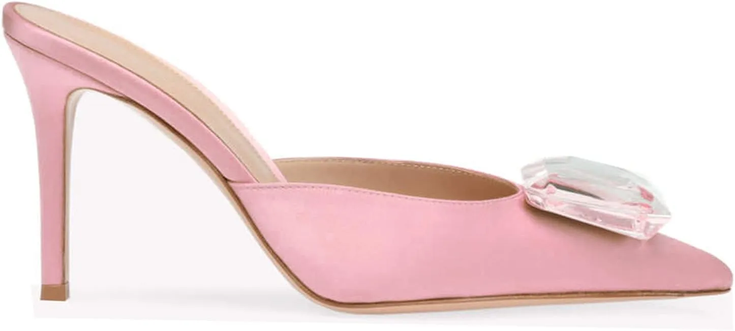 Woman Heeled Mules Rhinestone Pointy Closed Toe Sandals Kitten High Heels Sandals Summer Slip on Mule Heels Bridal Dress Shoes