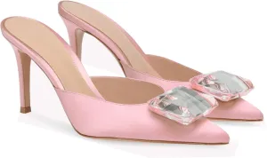Woman Heeled Mules Rhinestone Pointy Closed Toe Sandals Kitten High Heels Sandals Summer Slip on Mule Heels Bridal Dress Shoes