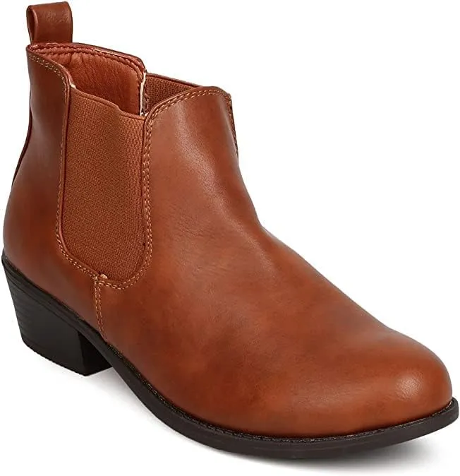 Women Almond Toe Vegan Leather Stretch Side Panel Low Chunky Heel Boot by Refresh