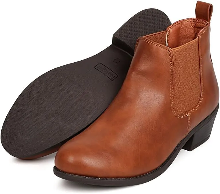 Women Almond Toe Vegan Leather Stretch Side Panel Low Chunky Heel Boot by Refresh