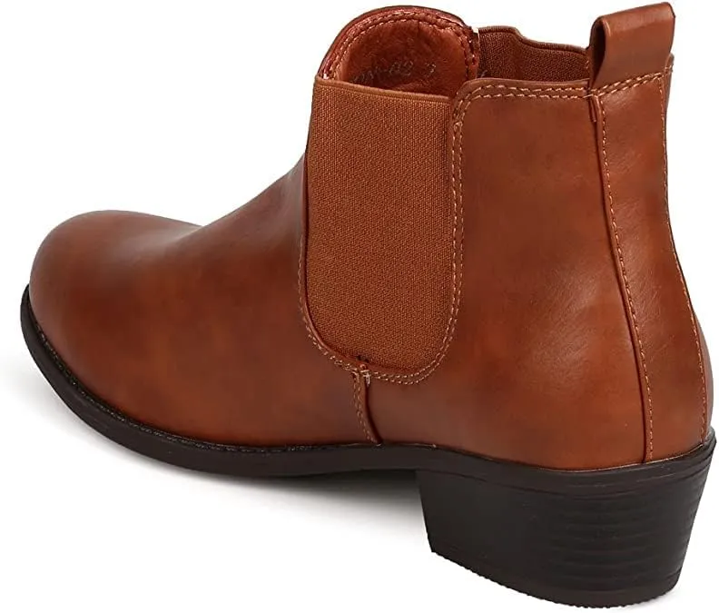 Women Almond Toe Vegan Leather Stretch Side Panel Low Chunky Heel Boot by Refresh