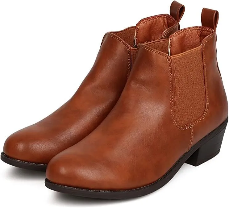 Women Almond Toe Vegan Leather Stretch Side Panel Low Chunky Heel Boot by Refresh