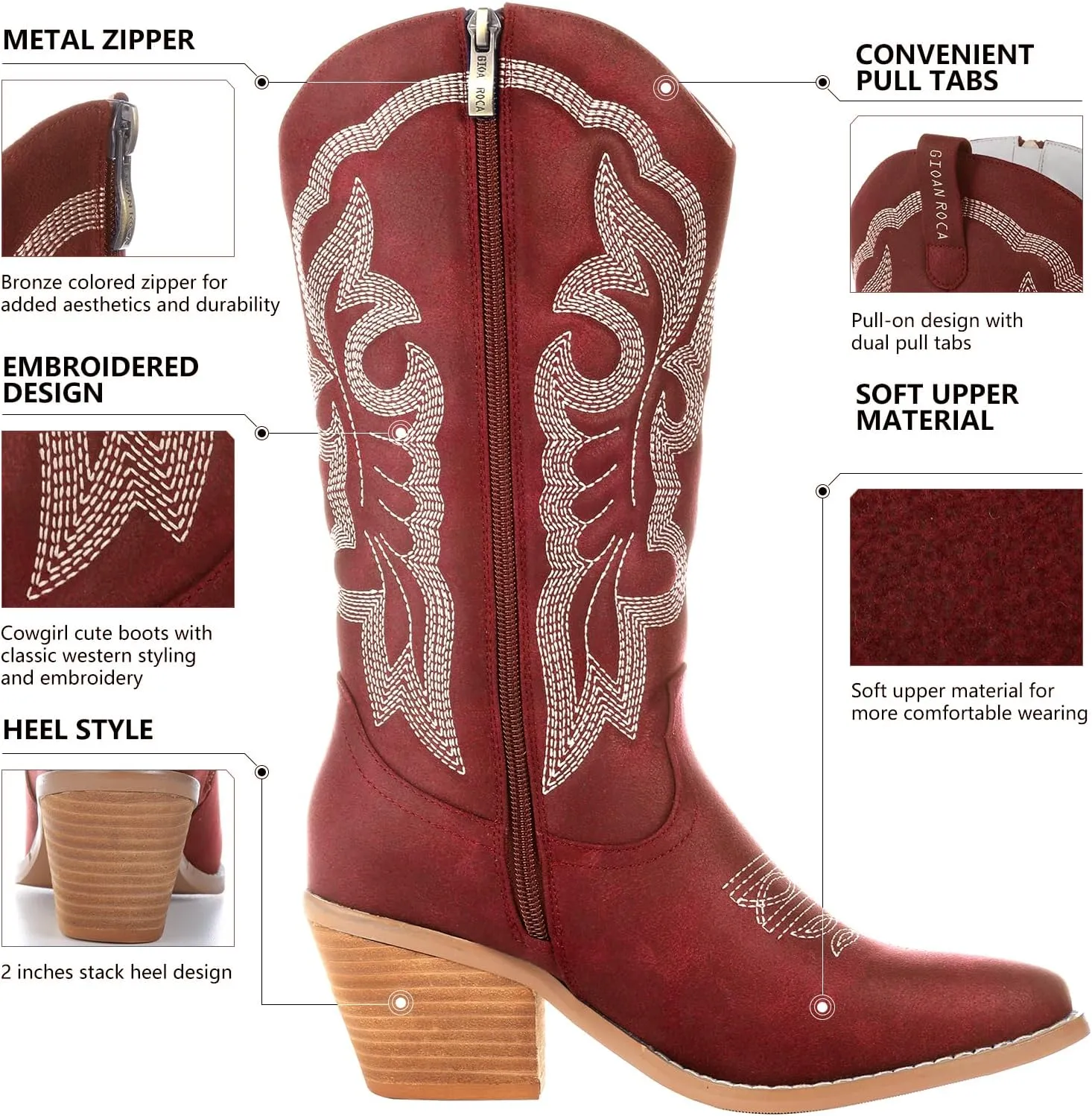 Women Cowboy Boots, Western Mid-Calf Point Toe Embroidered Side Zippe Boots Retro Fashion Women's Cowgirl Boot