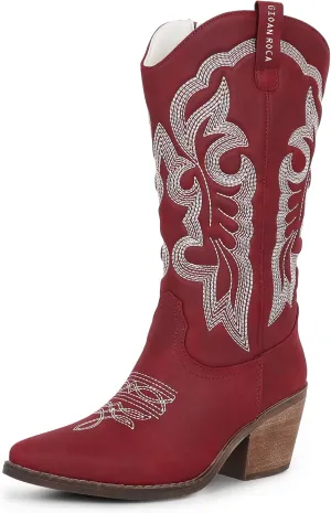 Women Cowboy Boots, Western Mid-Calf Point Toe Embroidered Side Zippe Boots Retro Fashion Women's Cowgirl Boot
