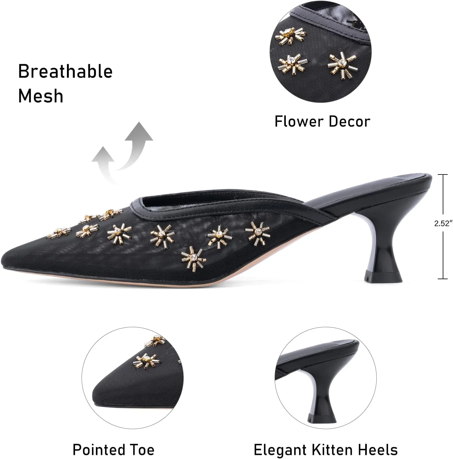 Women Kitten Heel Mules Crystal Flower Decor Mesh Pointed Toe Low Heel Pumps