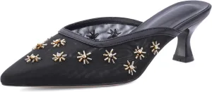 Women Kitten Heel Mules Crystal Flower Decor Mesh Pointed Toe Low Heel Pumps