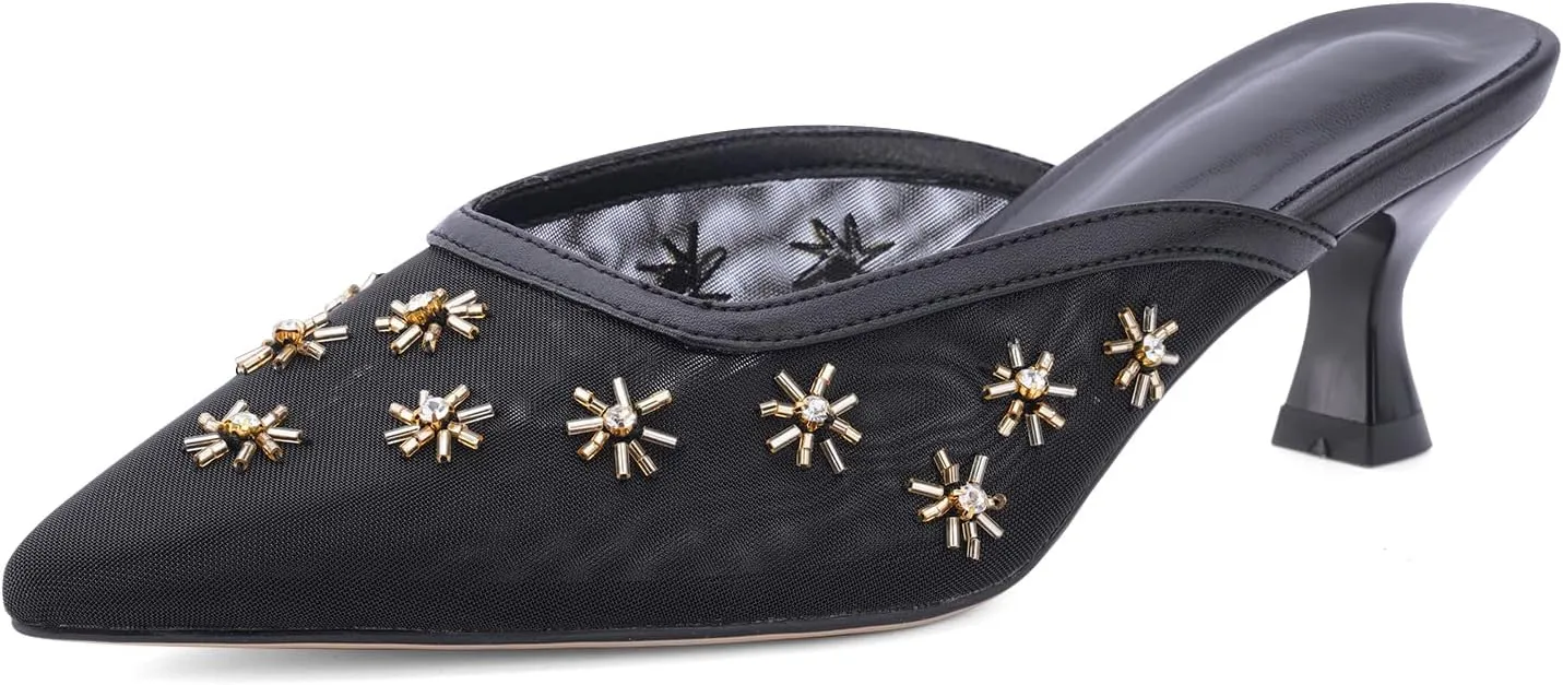 Women Kitten Heel Mules Crystal Flower Decor Mesh Pointed Toe Low Heel Pumps