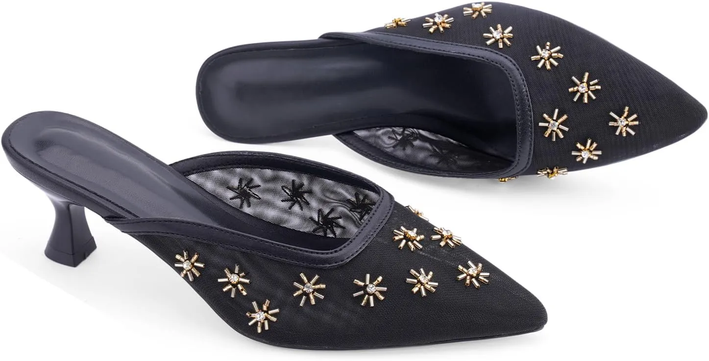 Women Kitten Heel Mules Crystal Flower Decor Mesh Pointed Toe Low Heel Pumps