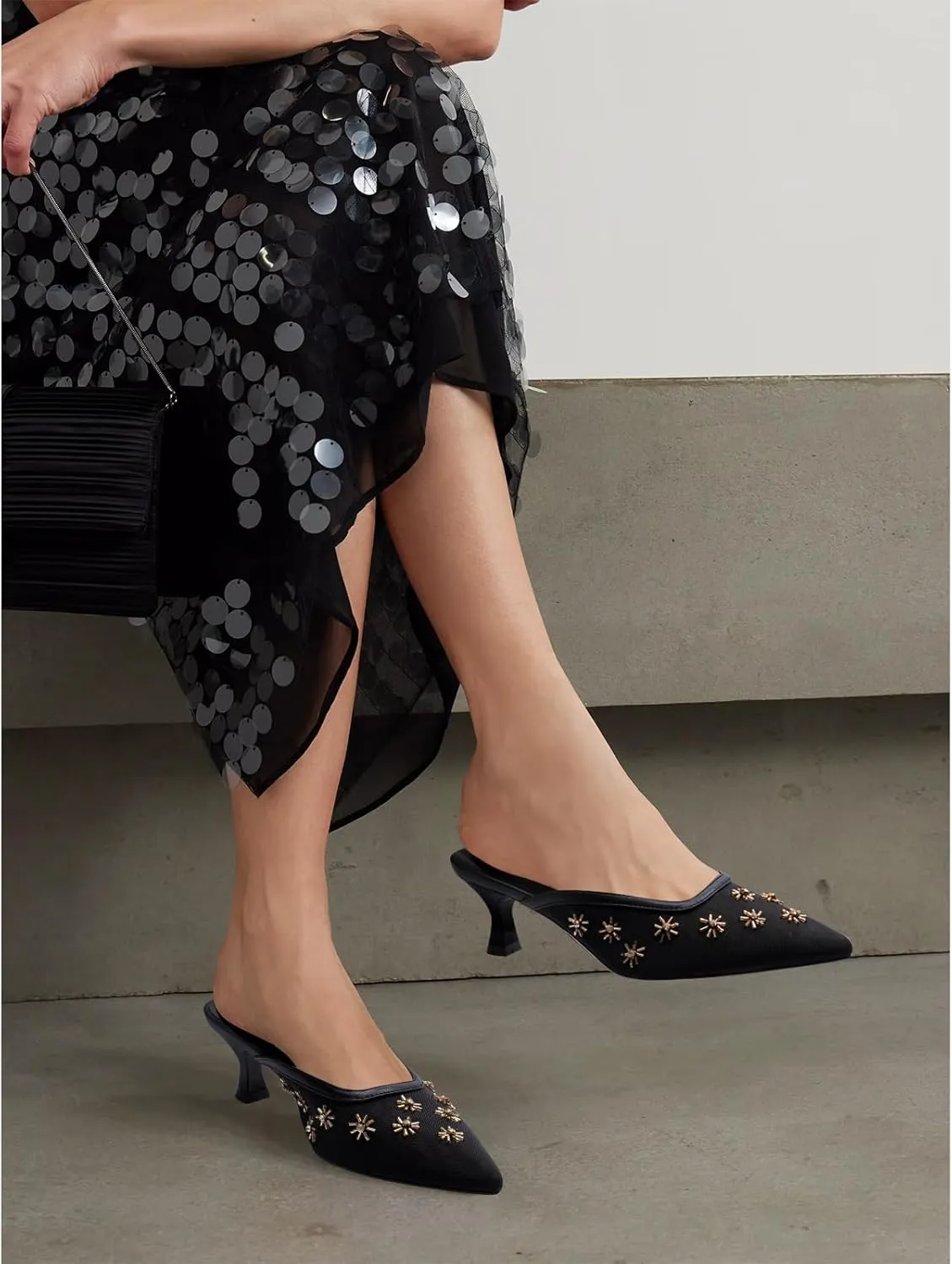 Women Kitten Heel Mules Crystal Flower Decor Mesh Pointed Toe Low Heel Pumps