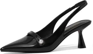 Women Kitten Heels Slingback Low Heel Pumps Dress Shoes for Women Closed Pointed Toe Pearl Heels for Work Wedding Bridal