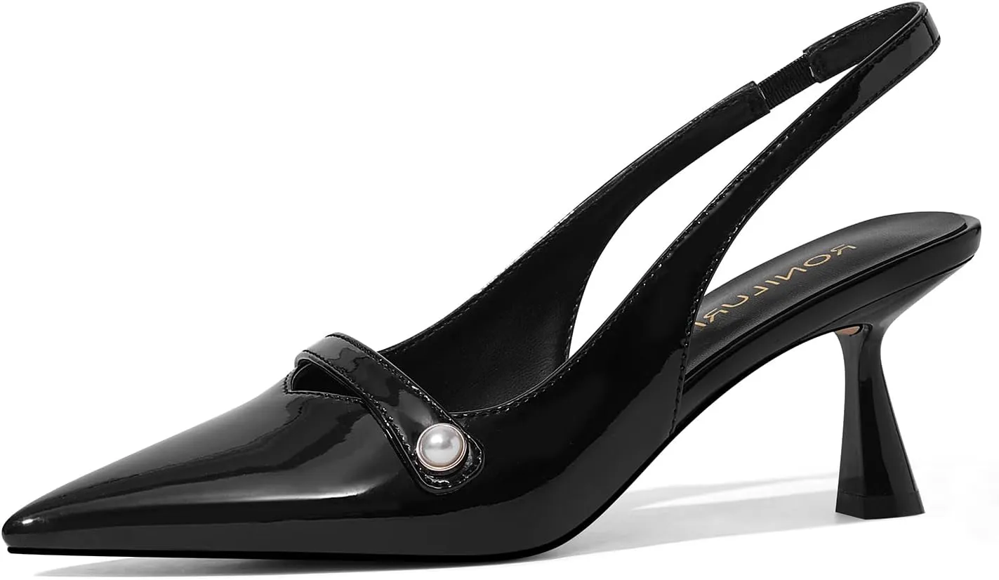 Women Kitten Heels Slingback Low Heel Pumps Dress Shoes for Women Closed Pointed Toe Pearl Heels for Work Wedding Bridal