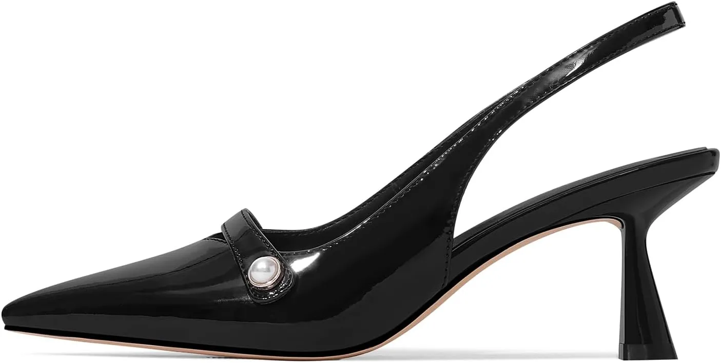 Women Kitten Heels Slingback Low Heel Pumps Dress Shoes for Women Closed Pointed Toe Pearl Heels for Work Wedding Bridal