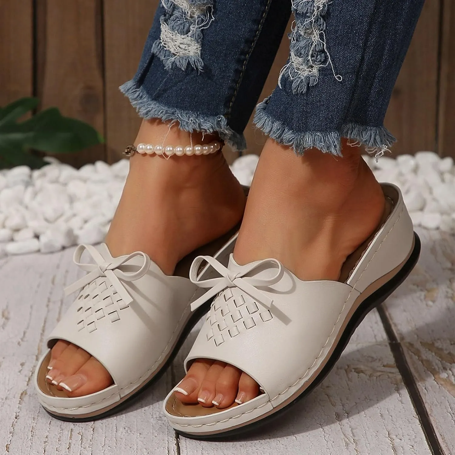 Women Low Wedge Sandals Summer Slip-on Slides Dressy Casual Wedges Slippers Comfort Bowknot Sandal 2025 New