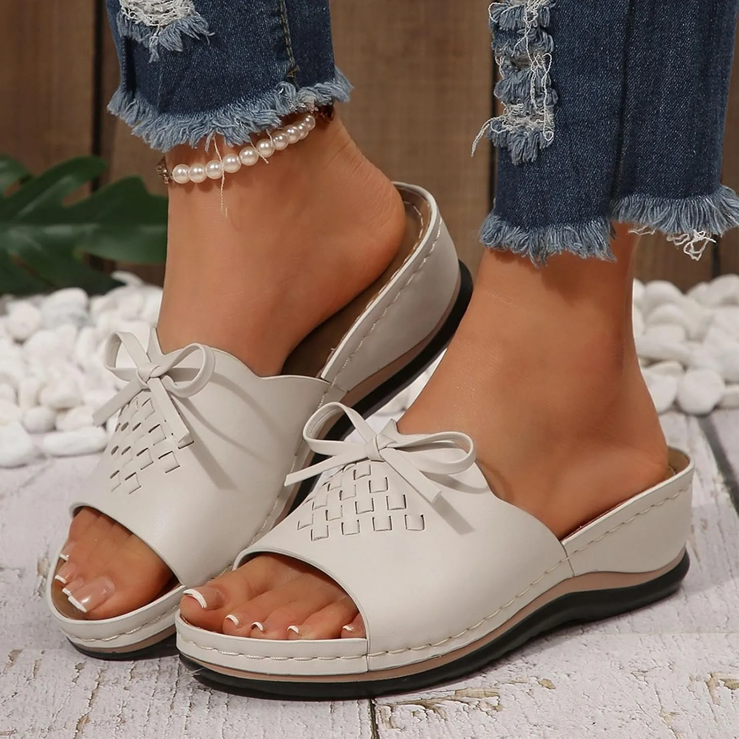 Women Low Wedge Sandals Summer Slip-on Slides Dressy Casual Wedges Slippers Comfort Bowknot Sandal 2025 New