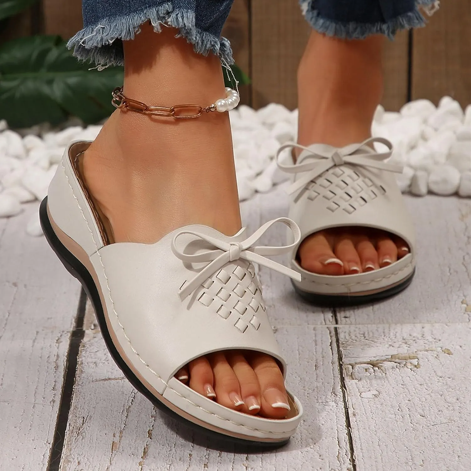 Women Low Wedge Sandals Summer Slip-on Slides Dressy Casual Wedges Slippers Comfort Bowknot Sandal 2025 New