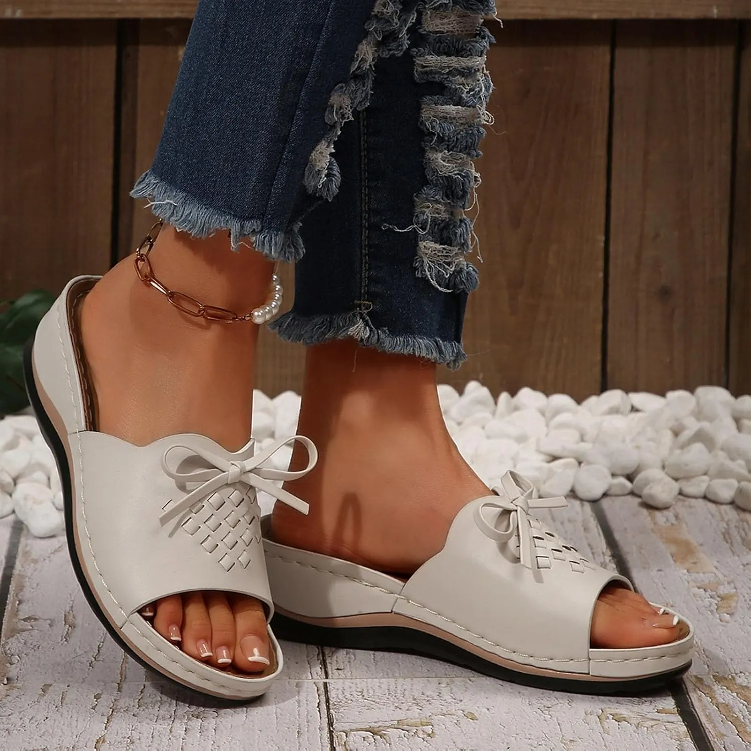 Women Low Wedge Sandals Summer Slip-on Slides Dressy Casual Wedges Slippers Comfort Bowknot Sandal 2025 New