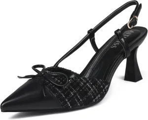 Women' s Closed Kitten Heels, Pointed Toe Bow Pumps Wedding Slingback High Heeled Prom Dress Shoes