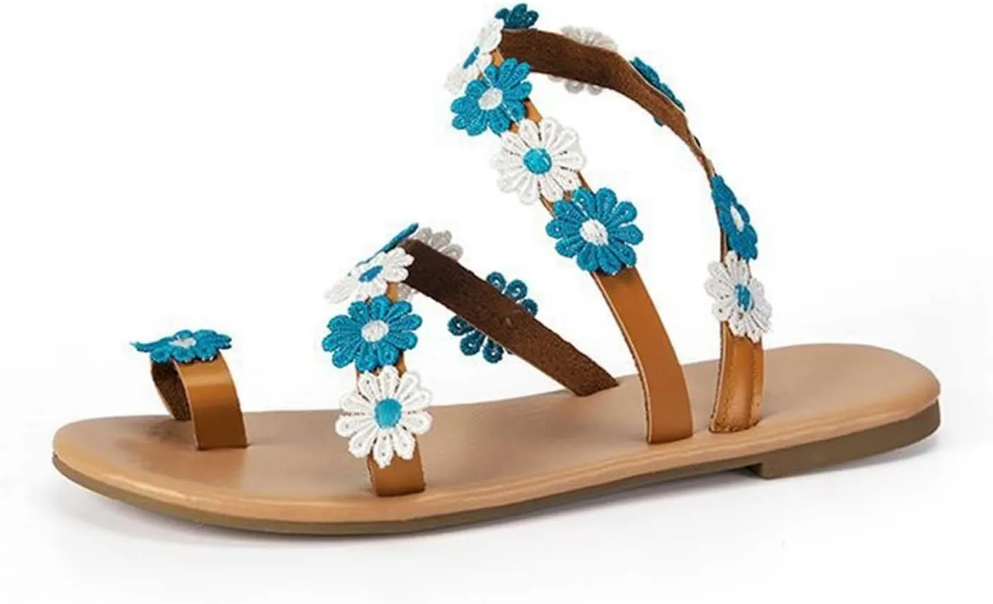 Women's 2025 Rubber Sole Sandal Toe Ring Strappy Flat Slipper Floral Embellished Flip Flop Summer Casual Comfy Shoe
