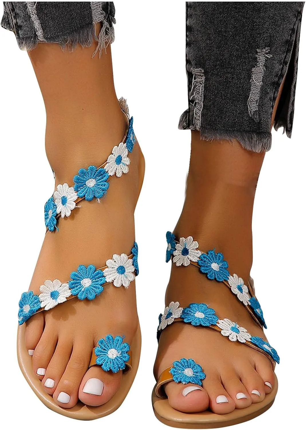 Women's 2025 Rubber Sole Sandal Toe Ring Strappy Flat Slipper Floral Embellished Flip Flop Summer Casual Comfy Shoe