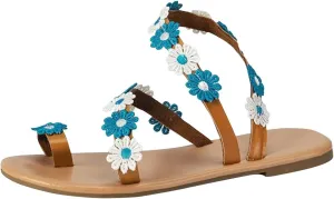 Women's 2025 Rubber Sole Sandal Toe Ring Strappy Flat Slipper Floral Embellished Flip Flop Summer Casual Comfy Shoe