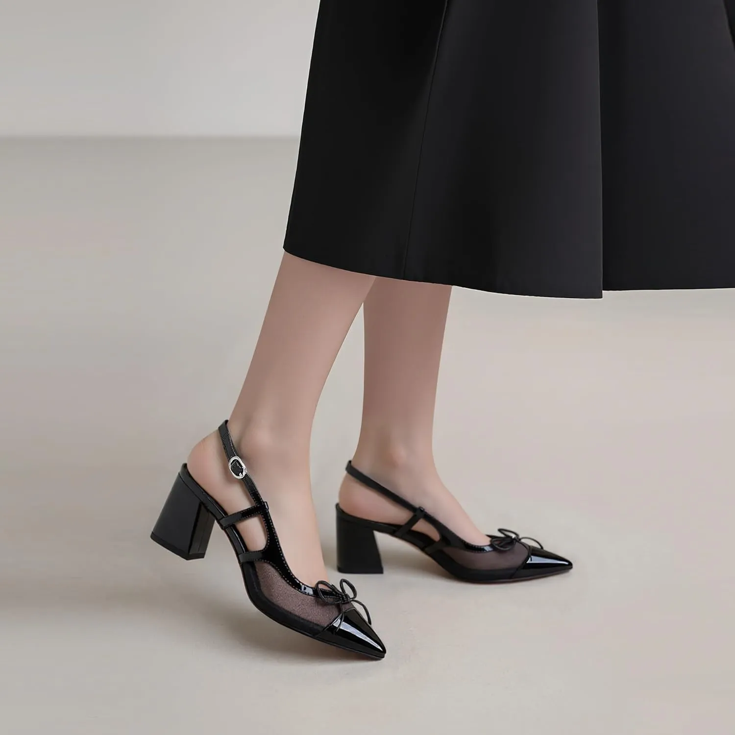 Women’s Black Pointed Toe High Heels – Elegant Mesh Bowknot Block Heel Pumps with Ankle Strap for Party Wedding Office Wear
