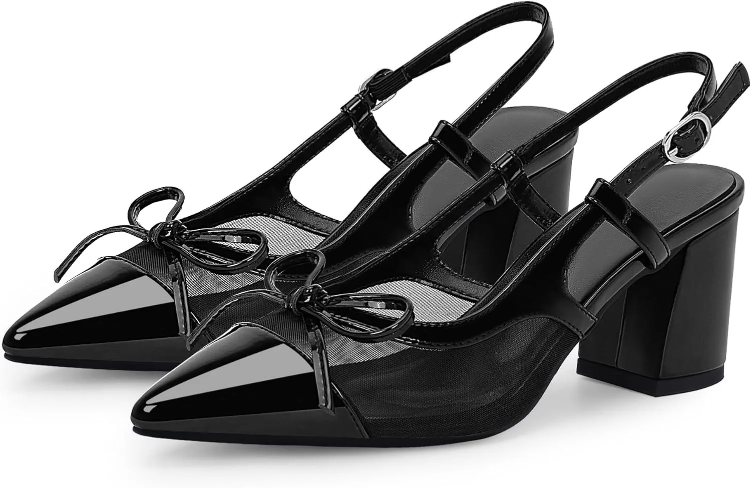 Women’s Black Pointed Toe High Heels – Elegant Mesh Bowknot Block Heel Pumps with Ankle Strap for Party Wedding Office Wear