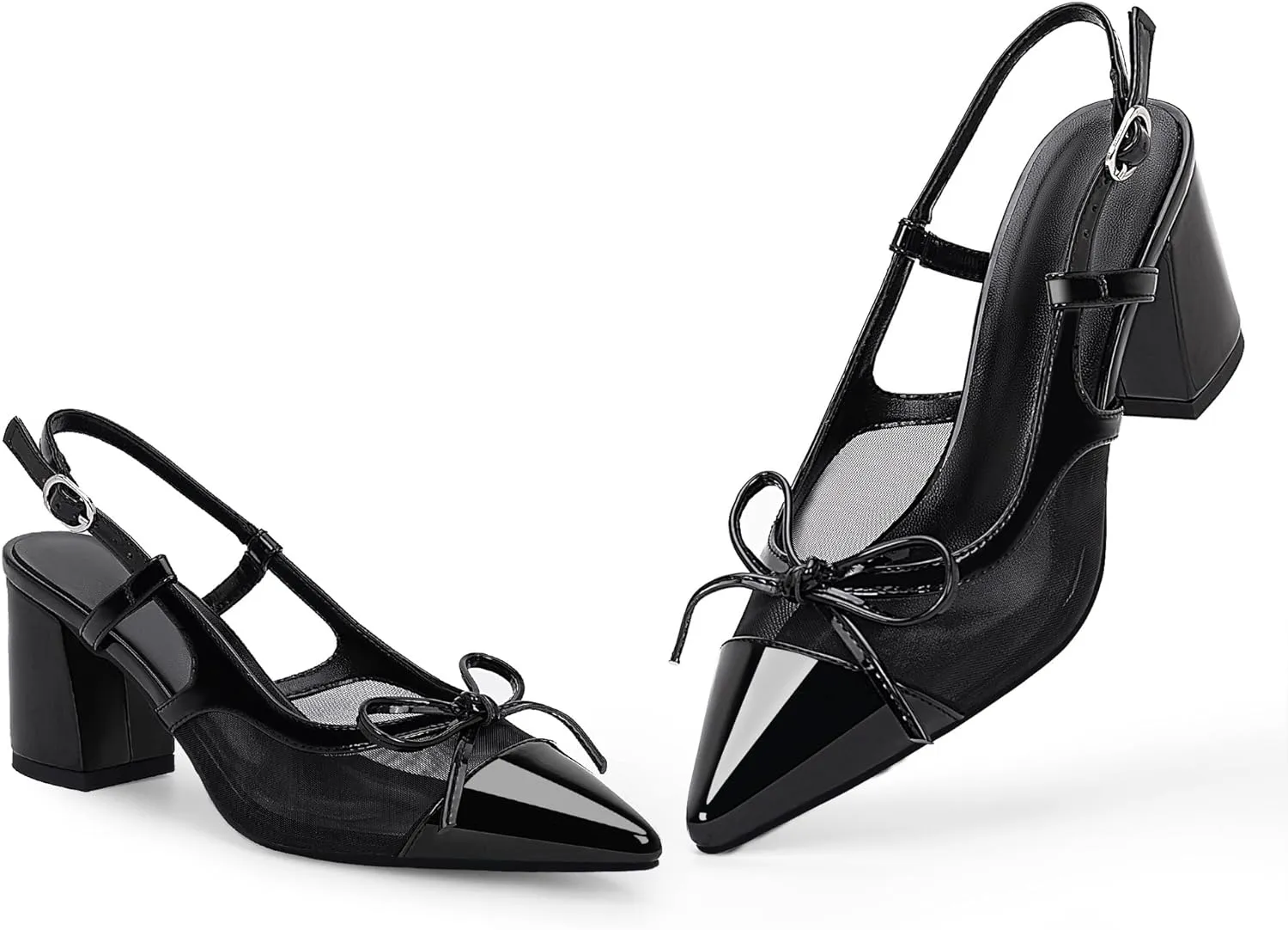 Women’s Black Pointed Toe High Heels – Elegant Mesh Bowknot Block Heel Pumps with Ankle Strap for Party Wedding Office Wear
