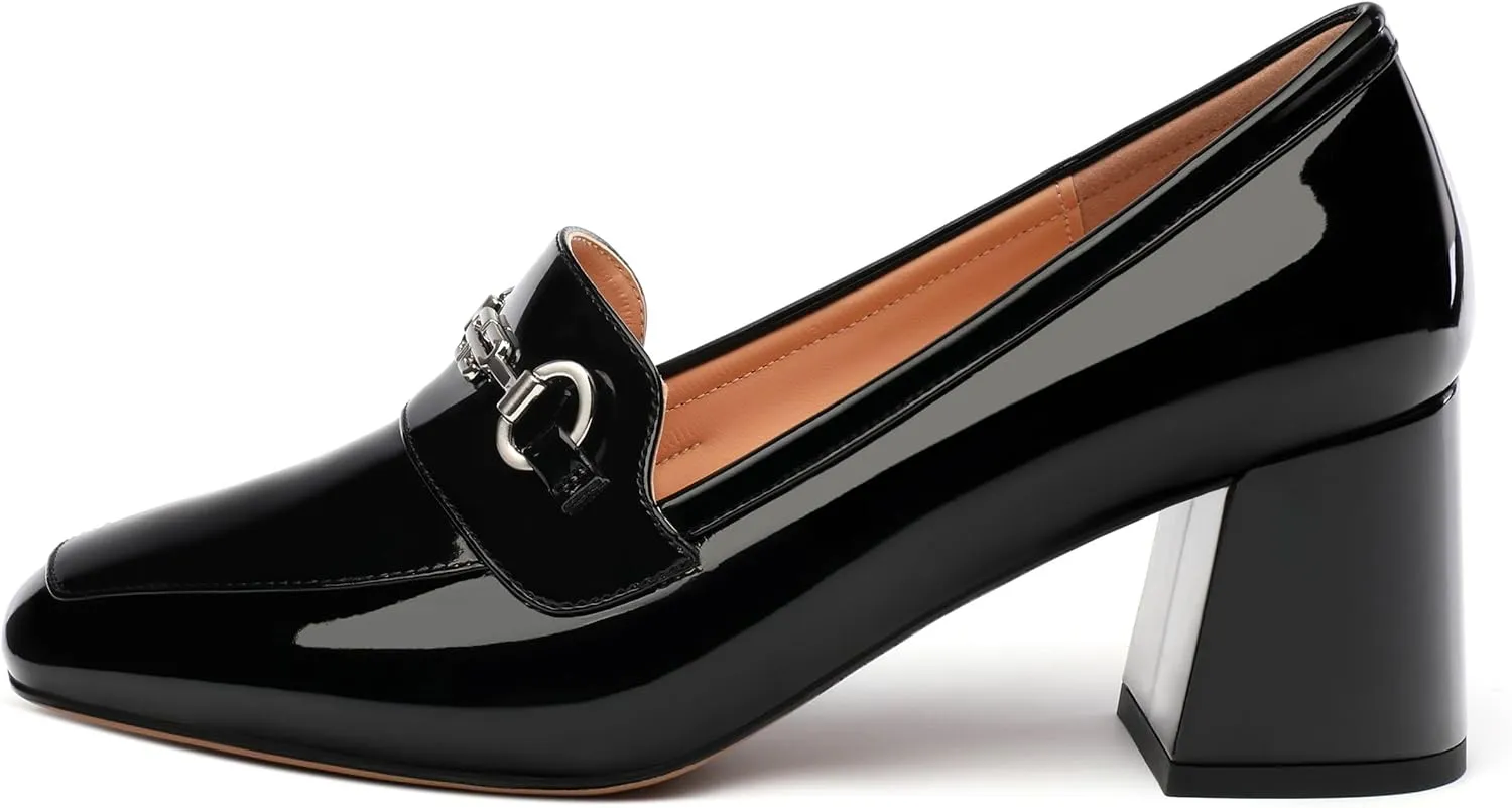 Women's Block Heel Bit Loafer, Square Closed Heel Pumps,Elegant and Comfortable Penny Loafers,Commuter Dress Shoes