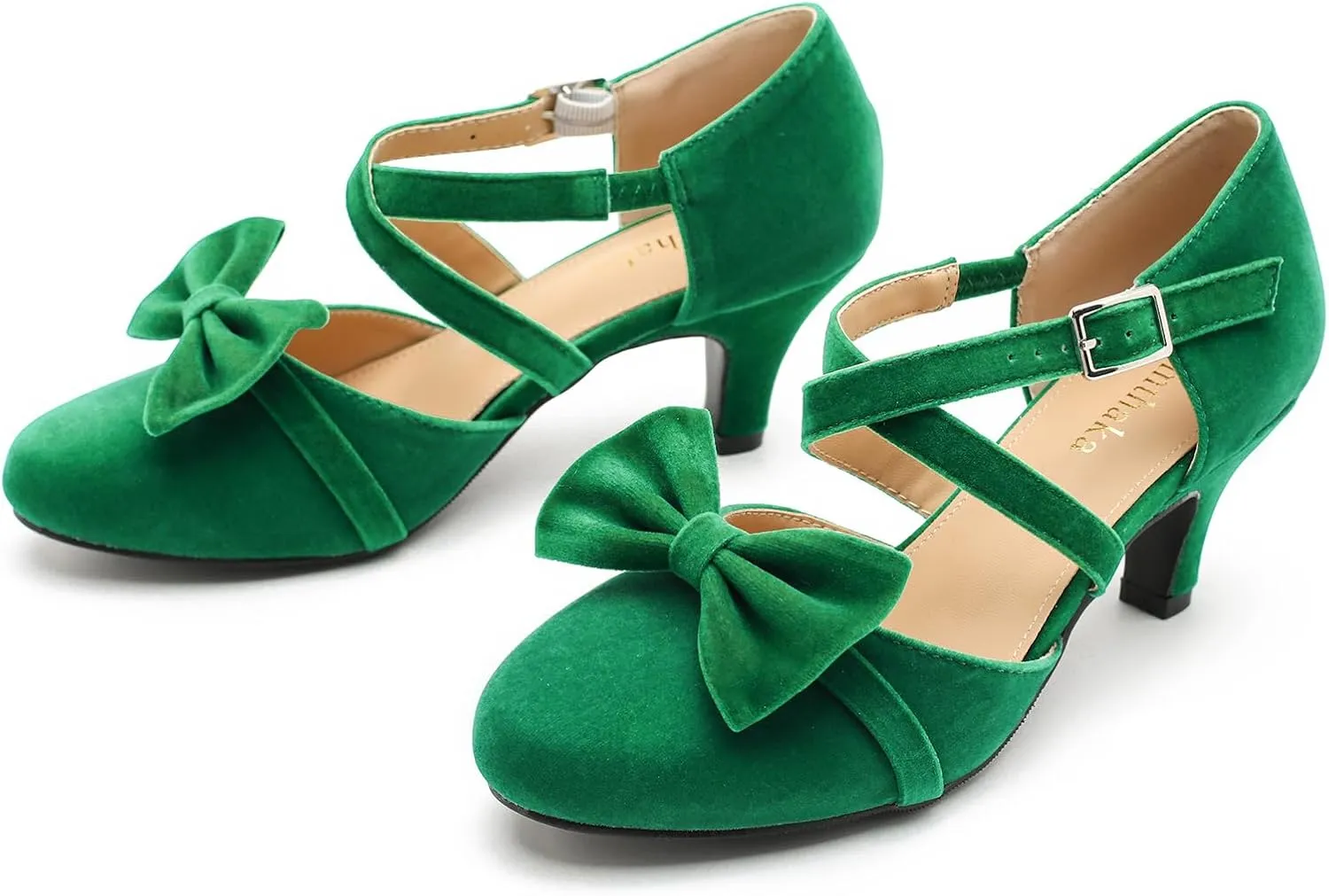 Womens Bow Mary Janes Low Kitten Heels Closed Toe Cross Ankle Strap Dress Shoes Comfortable Vintage Wedding Pumps Dress Shoes