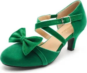 Womens Bow Mary Janes Low Kitten Heels Closed Toe Cross Ankle Strap Dress Shoes Comfortable Vintage Wedding Pumps Dress Shoes