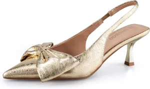 Women's Bow Slingback Heels Pointed Toe Kitten Pumps Dress Shoes with Elastic Strap - 2.4'' Inches Height