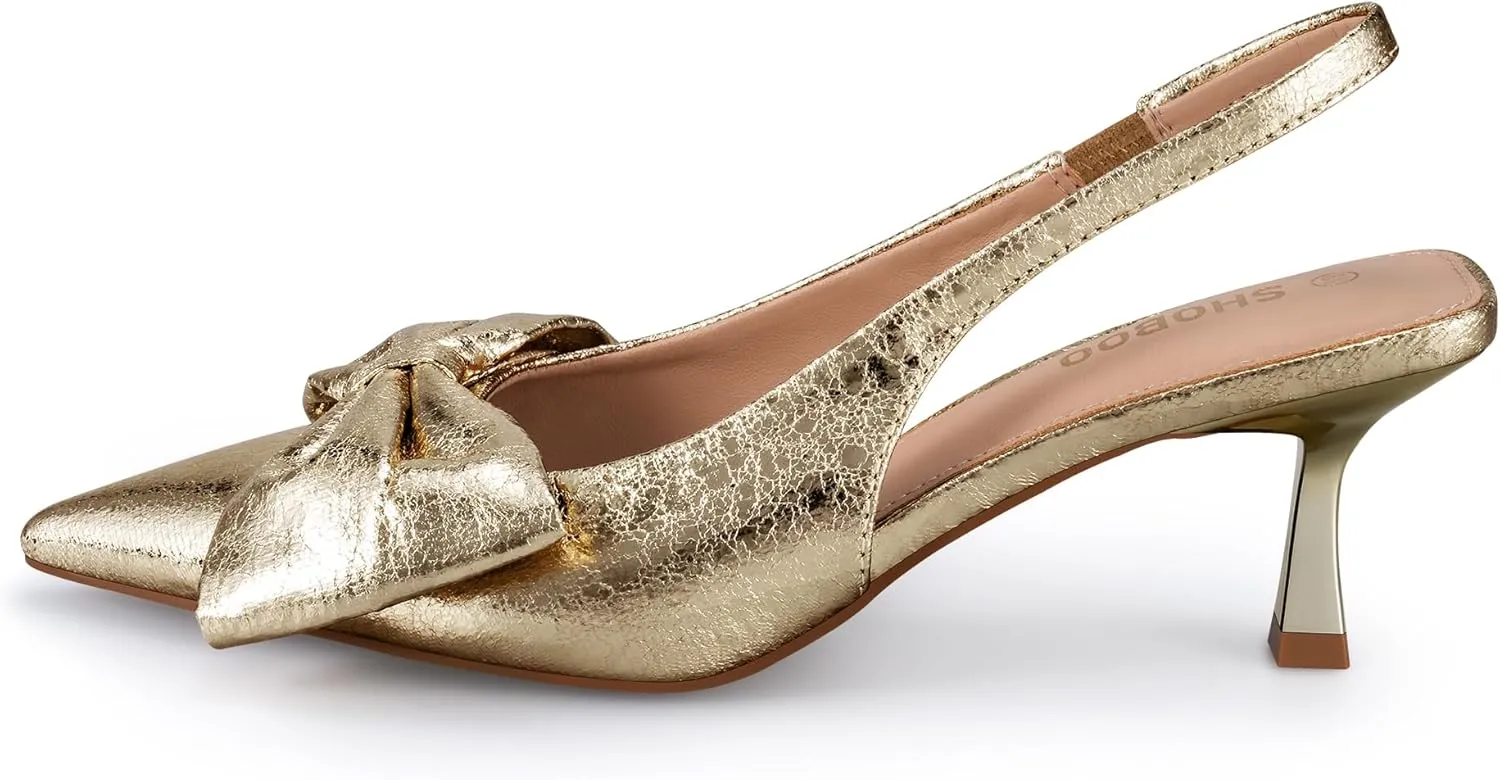 Women's Bow Slingback Heels Pointed Toe Kitten Pumps Dress Shoes with Elastic Strap - 2.4'' Inches Height