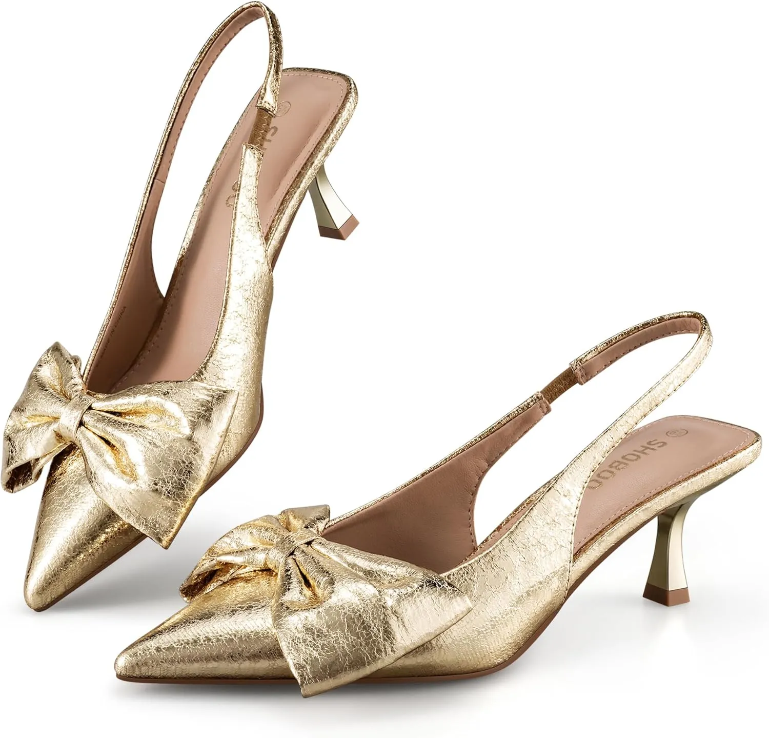 Women's Bow Slingback Heels Pointed Toe Kitten Pumps Dress Shoes with Elastic Strap - 2.4'' Inches Height