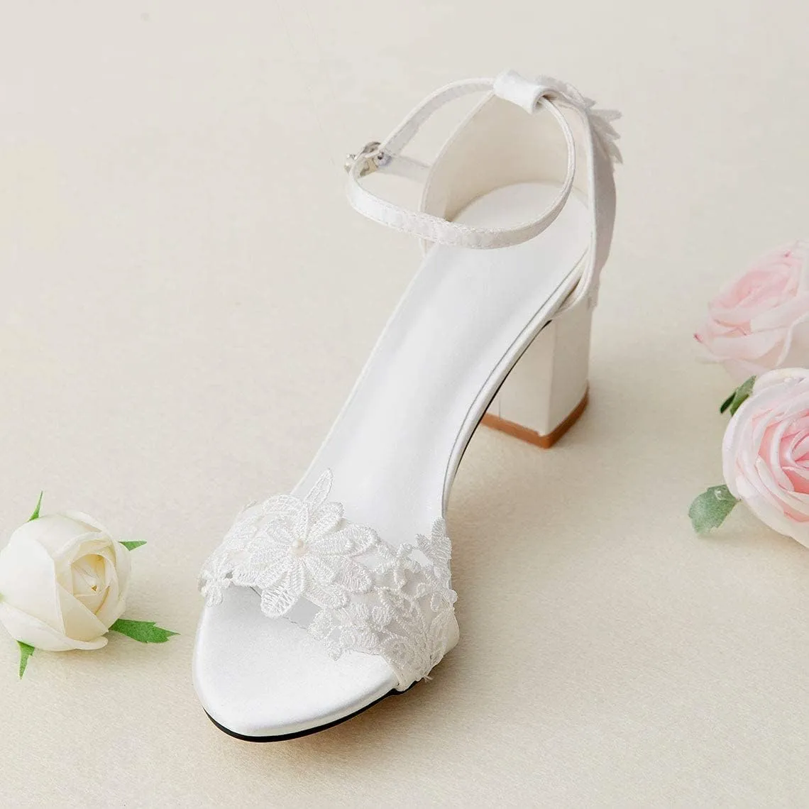Women's Bridal Shoes Open Toe Mid Block Heel Lace Satin Ankle Strap Comfortable Wedding Dress Pump Sandals