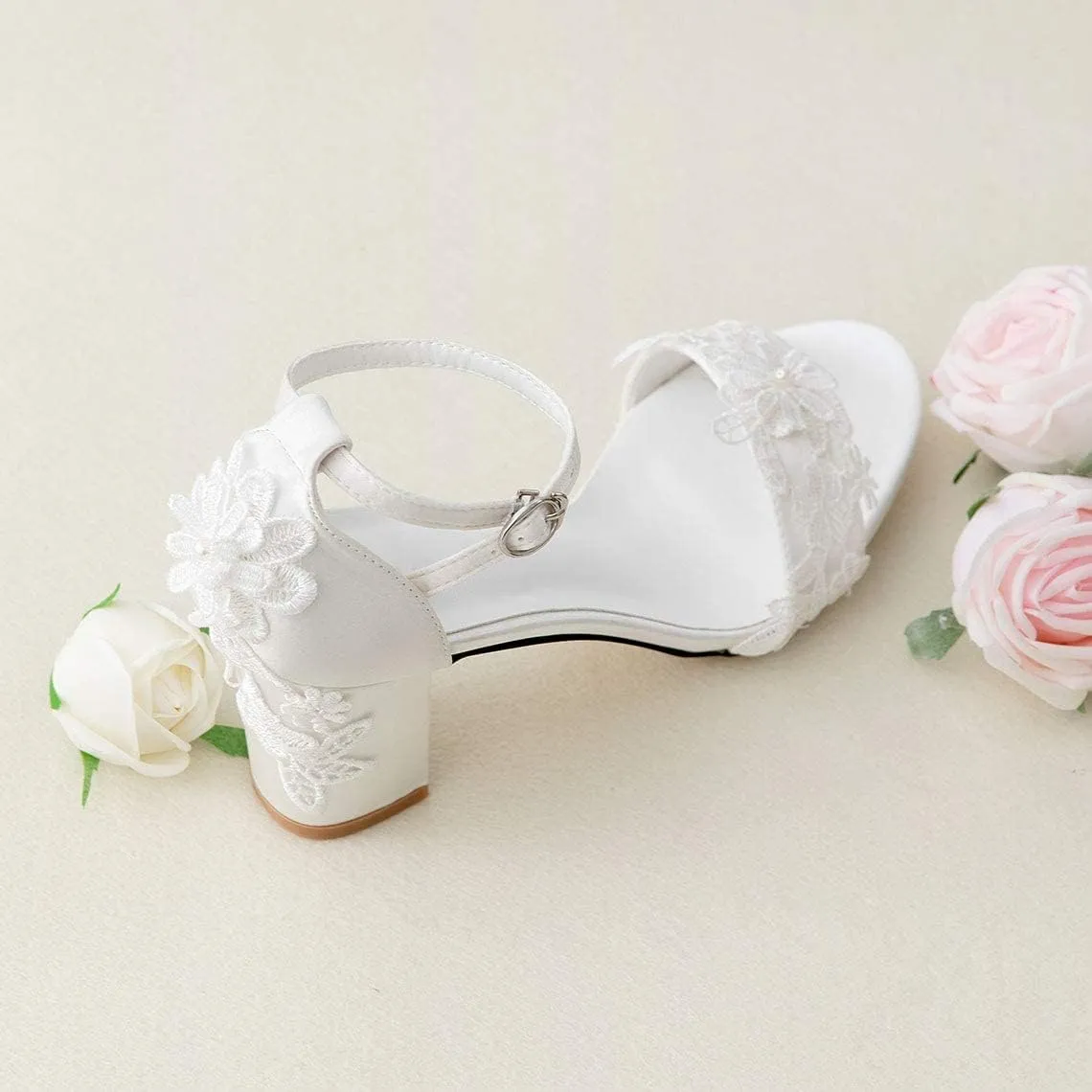 Women's Bridal Shoes Open Toe Mid Block Heel Lace Satin Ankle Strap Comfortable Wedding Dress Pump Sandals