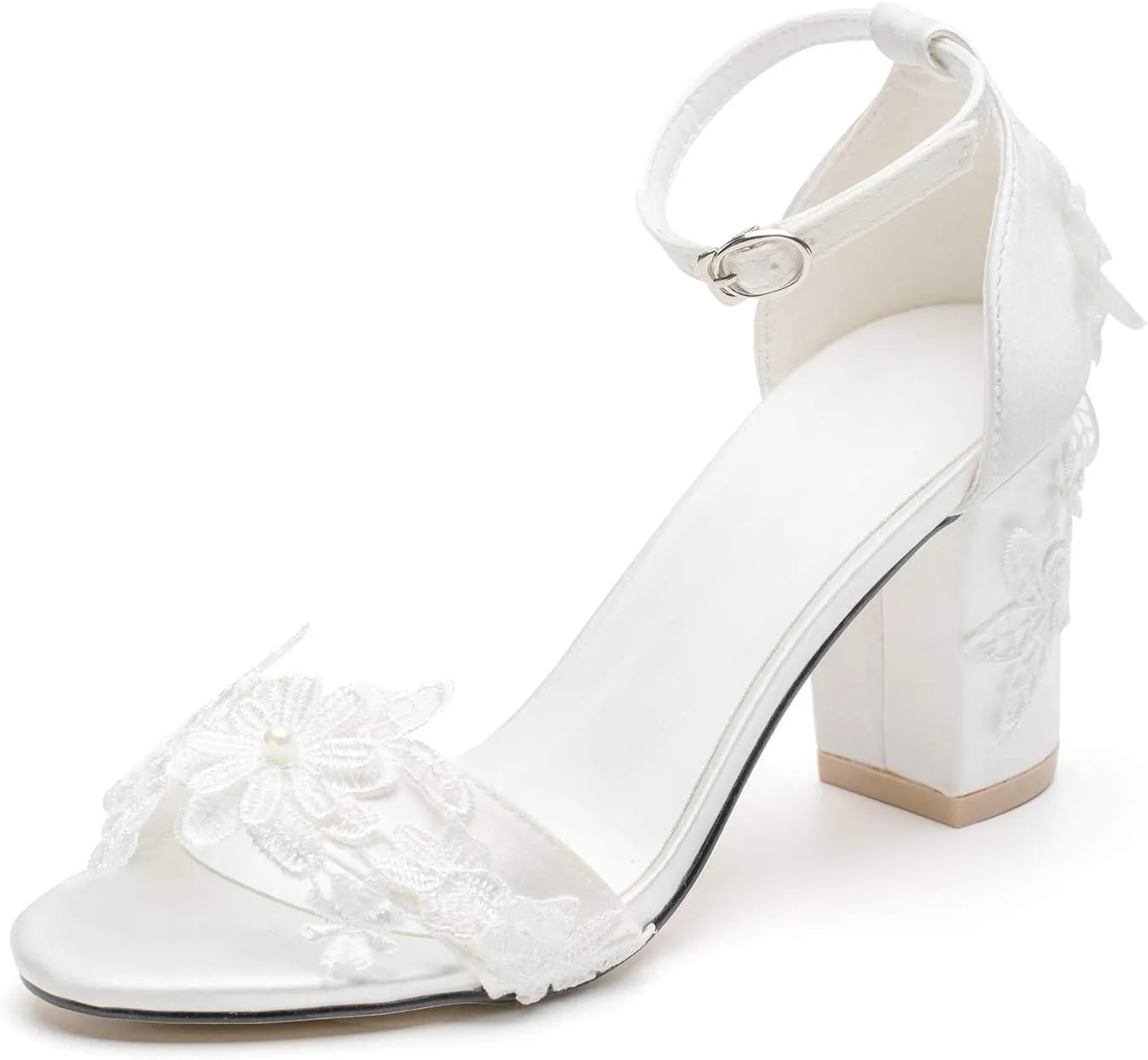 Women's Bridal Shoes Open Toe Mid Block Heel Lace Satin Ankle Strap Comfortable Wedding Dress Pump Sandals