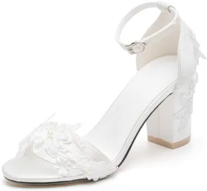 Women's Bridal Shoes Open Toe Mid Block Heel Lace Satin Ankle Strap Comfortable Wedding Dress Pump Sandals