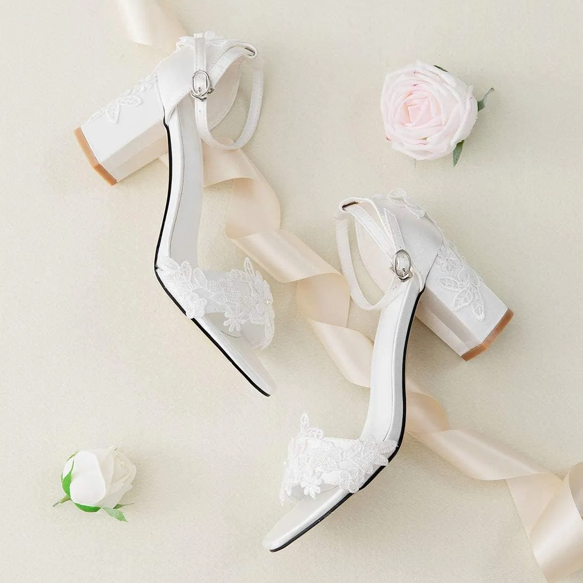 Women's Bridal Shoes Open Toe Mid Block Heel Lace Satin Ankle Strap Comfortable Wedding Dress Pump Sandals