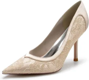 Women's Bridal Shoes Wedding Dress Shoes Satin Closed Toe Pointed Toe Bridal Shoes with Stitching Lace Stiletto Heeled Pumps with Heels Prom Party Shoes
