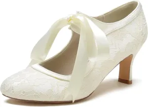 Women's Bridal Wedding Heels - Satin Stiletto Pumps with Lace & Ribbon Tie, Closed Toe Elegant Shoes for Bride, Bridesmaid Ceremony & Reception