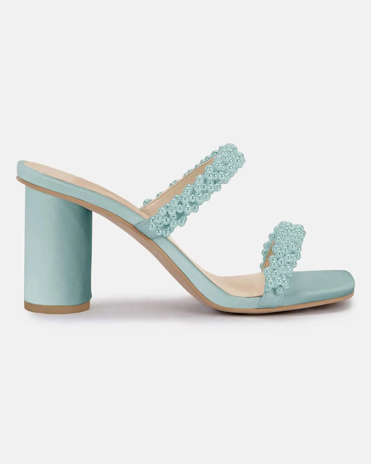 Womens Chunky Heeled Sandals Pearl Strappy Open Square Toe Slip-on Block Heels Backless Mules Shoes
