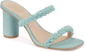 Womens Chunky Heeled Sandals Pearl Strappy Open Square Toe Slip-on Block Heels Backless Mules Shoes