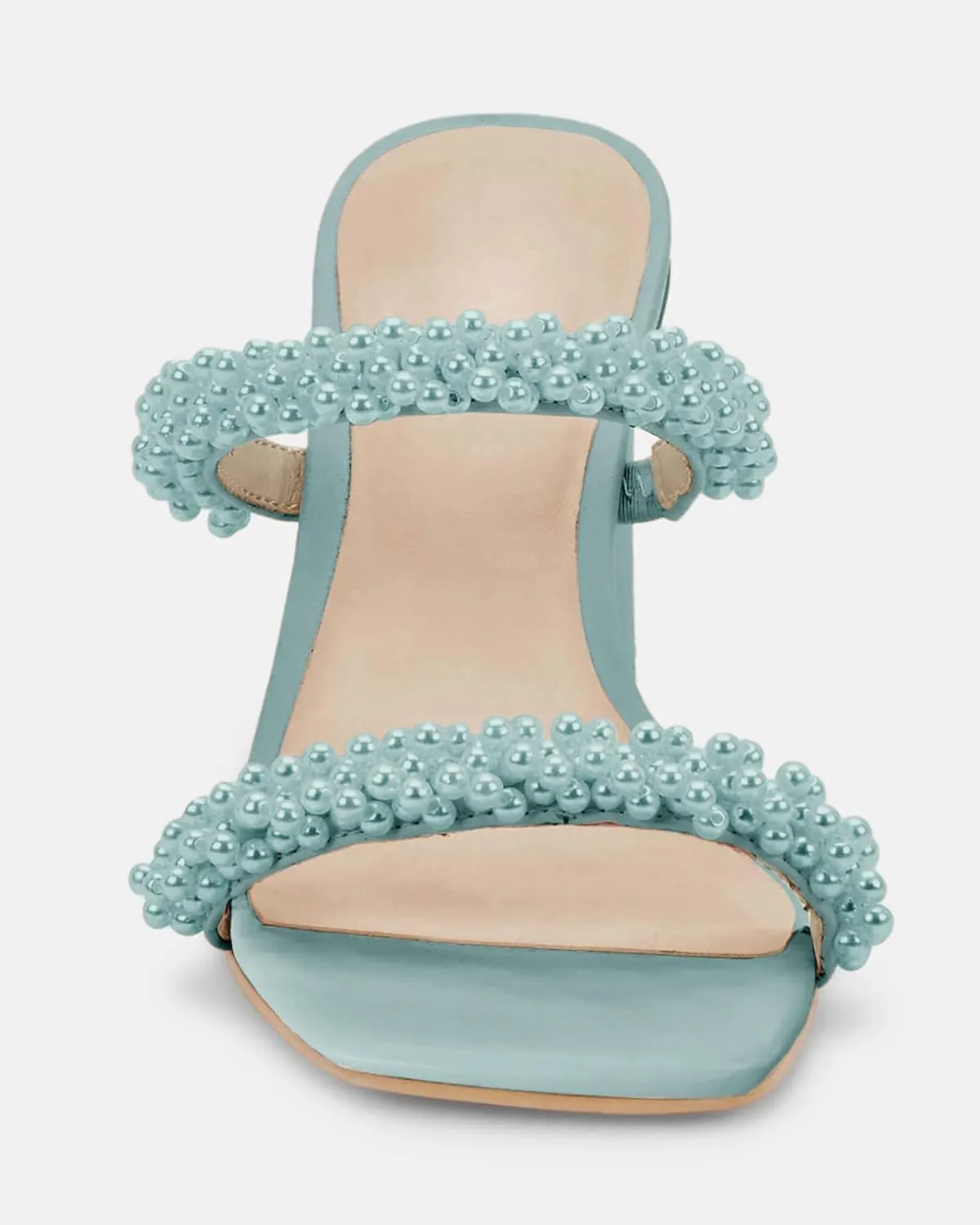 Womens Chunky Heeled Sandals Pearl Strappy Open Square Toe Slip-on Block Heels Backless Mules Shoes