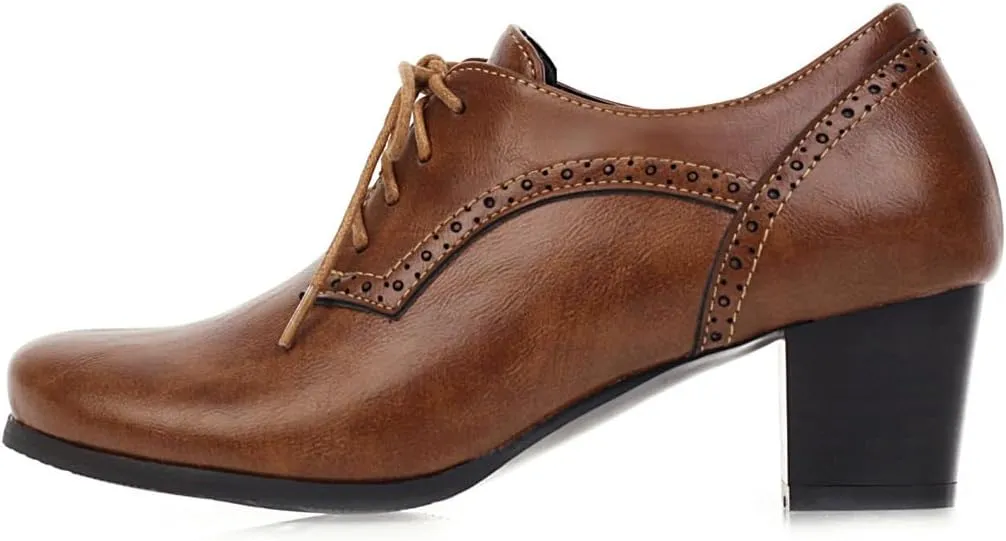 Women's Closed Toe Chunky Block Heel Oxfords Wingtip Lace Up Mid Heel Pumps Vintage Brogue Dress Shoes