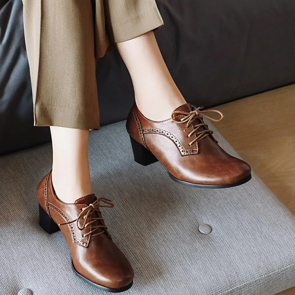 Women's Closed Toe Chunky Block Heel Oxfords Wingtip Lace Up Mid Heel Pumps Vintage Brogue Dress Shoes