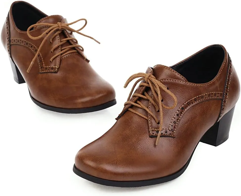 Women's Closed Toe Chunky Block Heel Oxfords Wingtip Lace Up Mid Heel Pumps Vintage Brogue Dress Shoes