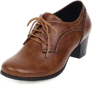 Women's Closed Toe Chunky Block Heel Oxfords Wingtip Lace Up Mid Heel Pumps Vintage Brogue Dress Shoes