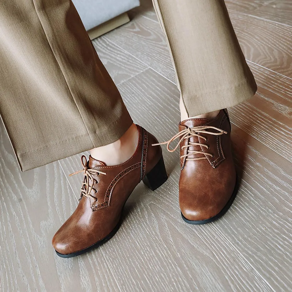 Women's Closed Toe Chunky Block Heel Oxfords Wingtip Lace Up Mid Heel Pumps Vintage Brogue Dress Shoes