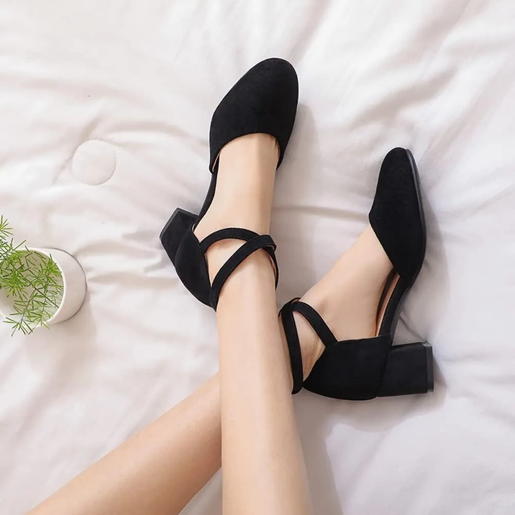 Womens Cross-tied Court Shoes Square Toe Low Block Heel Pumps Ladies Ankle Strap Sandals